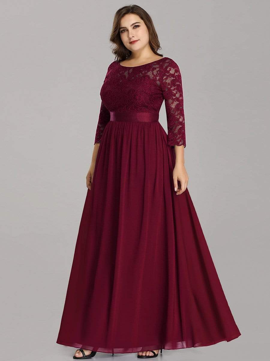 Plus Size Long Lace Sleeve Formal Evening Gowns #color_Burgundy 