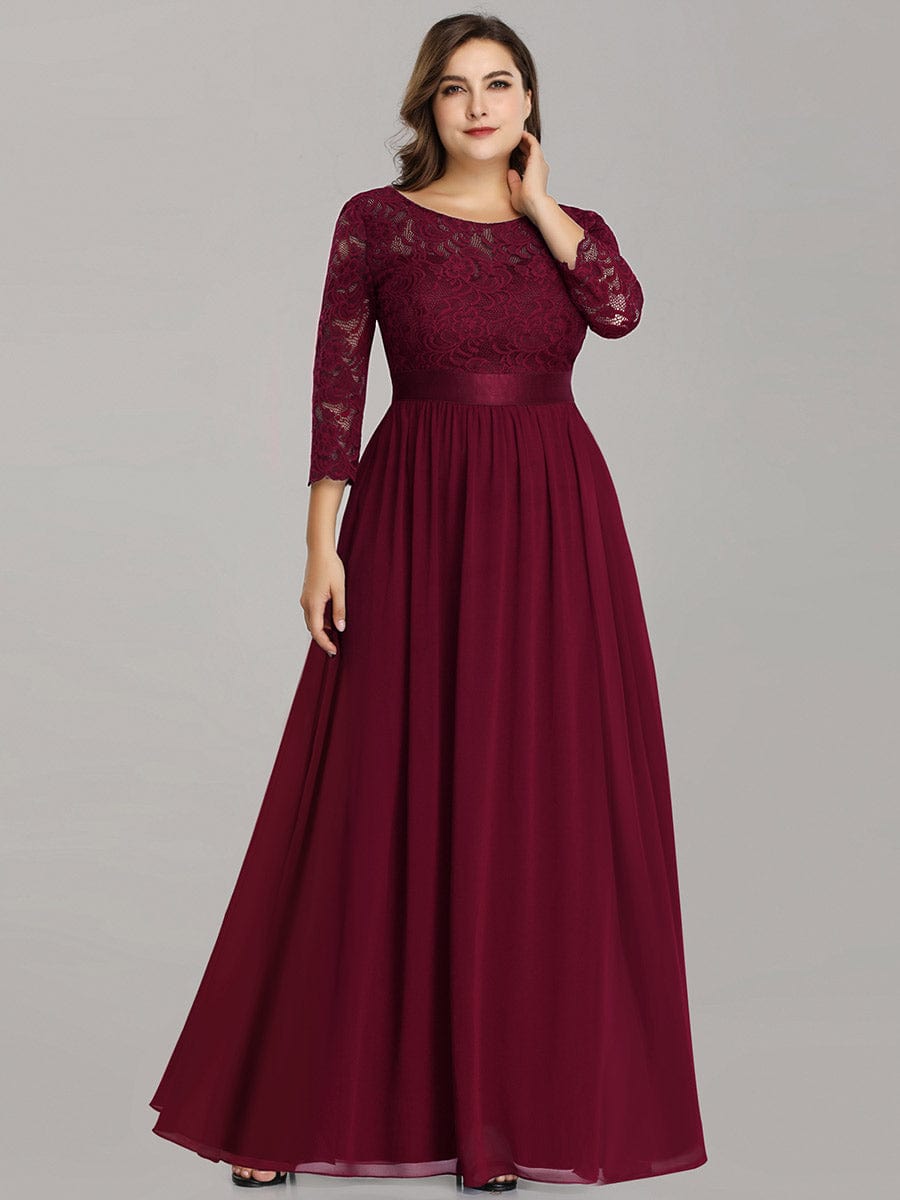 Custom Size See-Through Maxi Lace Evening Dress with Half Sleeve #color_Burgundy