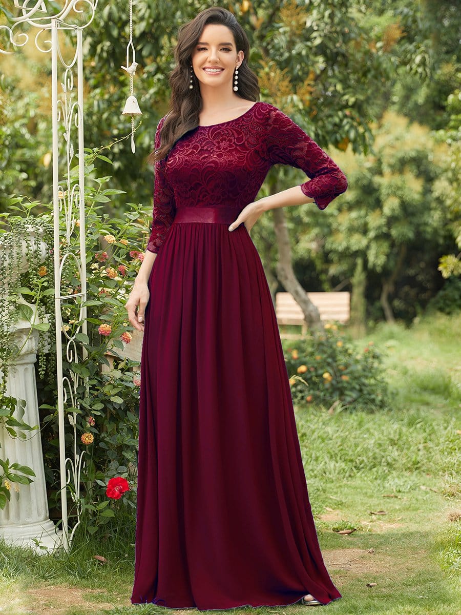 See-Through Floor Length Lace Evening Dress with Half Sleeve #color_Burgundy 