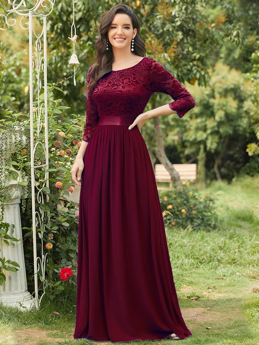 See-Through Floor Length Lace Chiffon Evening Dress with Half Sleeve #color_Burgundy