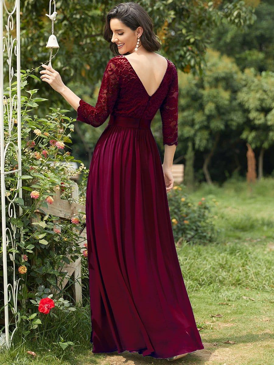 See-Through Floor Length Lace Chiffon Evening Dress with Half Sleeve #color_Burgundy