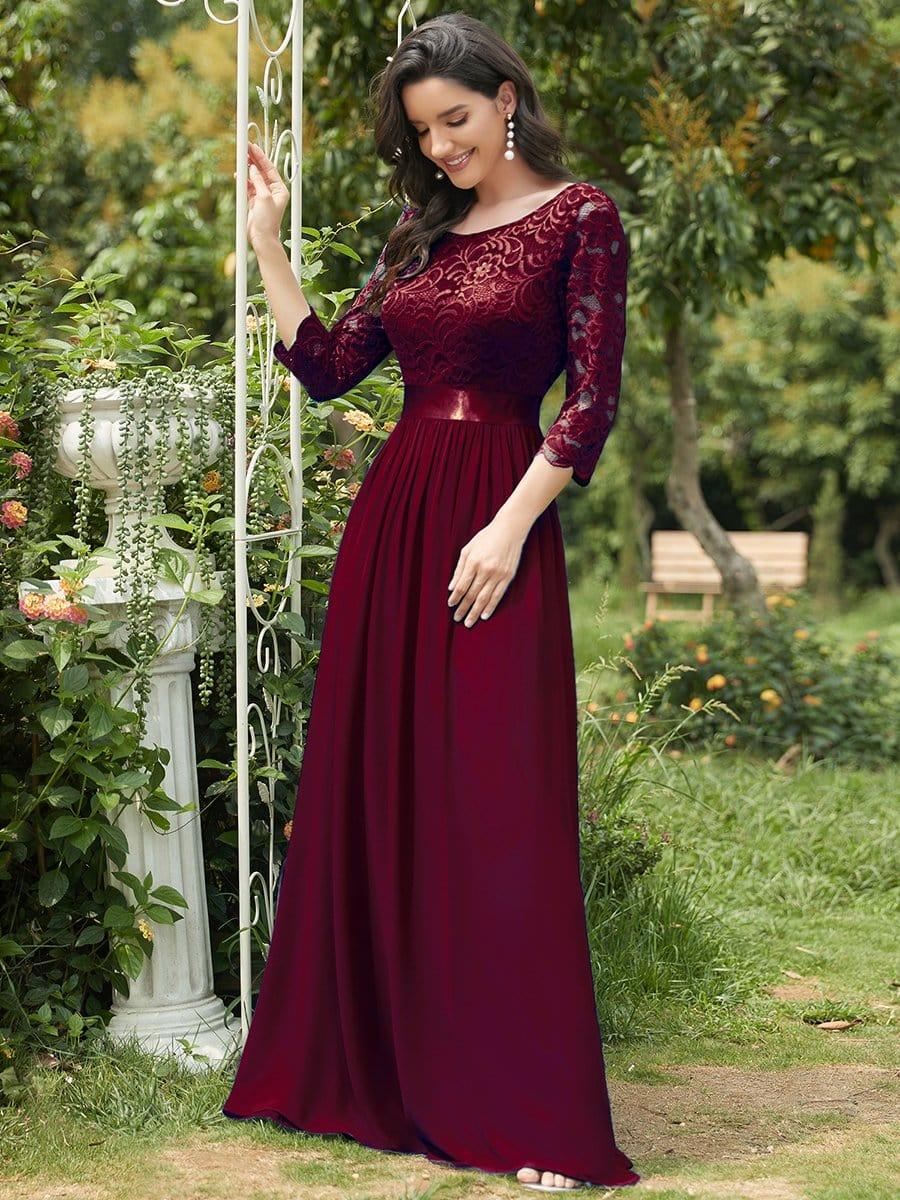 See-Through Floor Length Lace Chiffon Evening Dress with Half Sleeve #color_Burgundy