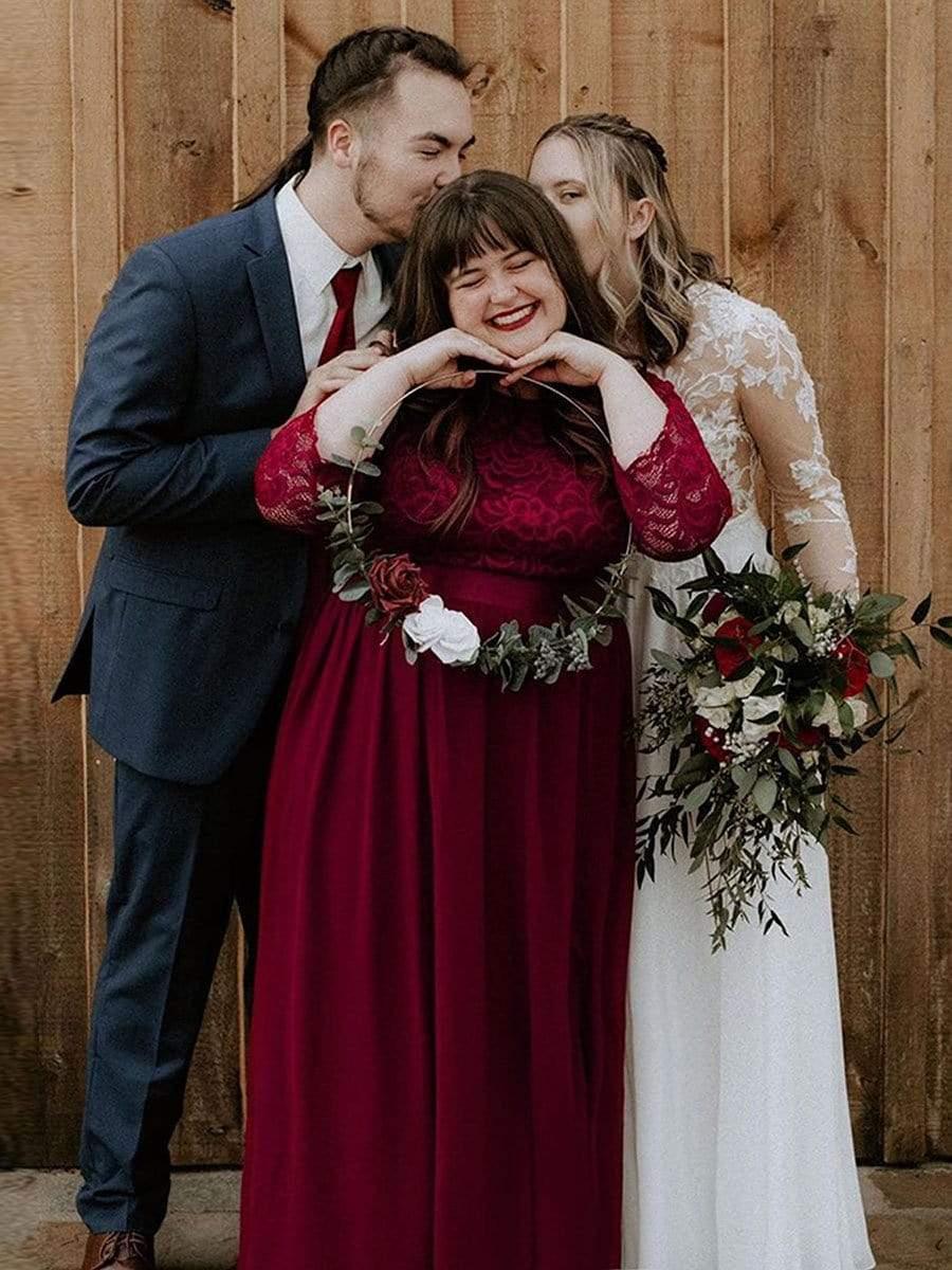 Simple Plus Size Lace Evening Dress with Half Sleeves #color_Burgundy 