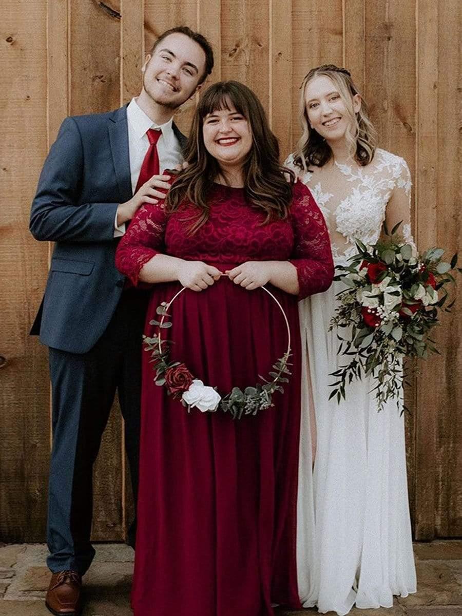 Simple Plus Size Lace Evening Dress with Half Sleeves #color_Burgundy 
