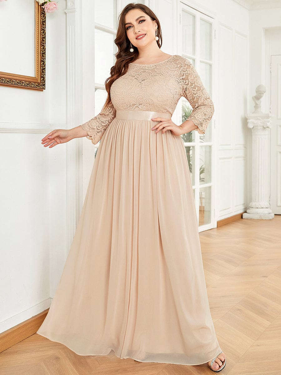 Custom Size See-Through Maxi Lace Evening Dress with Half Sleeve #color_Blush