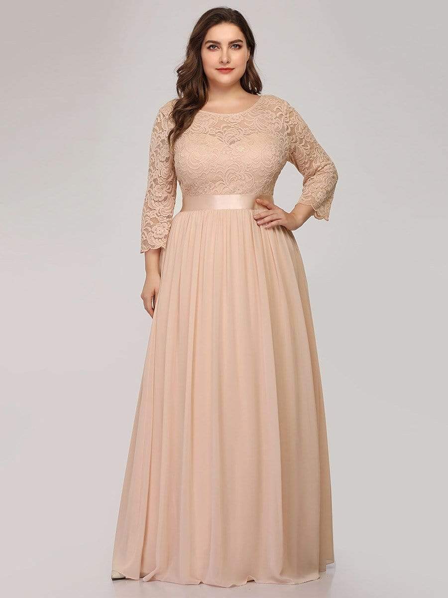 Plus Size Long Lace Sleeve Formal Evening Gowns #color_Blush 