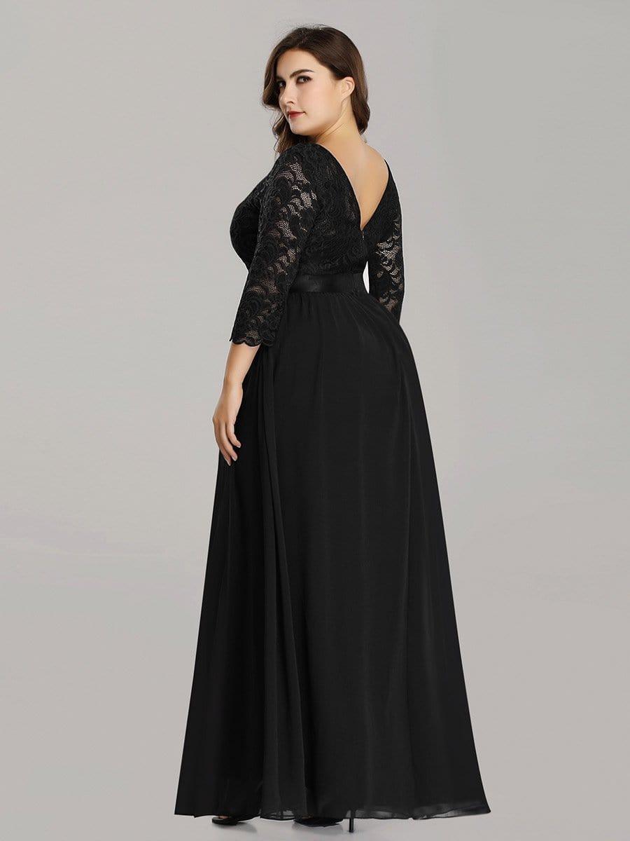 See-Through Floor Length Lace Chiffon Evening Dress with Half Sleeve #color_Black