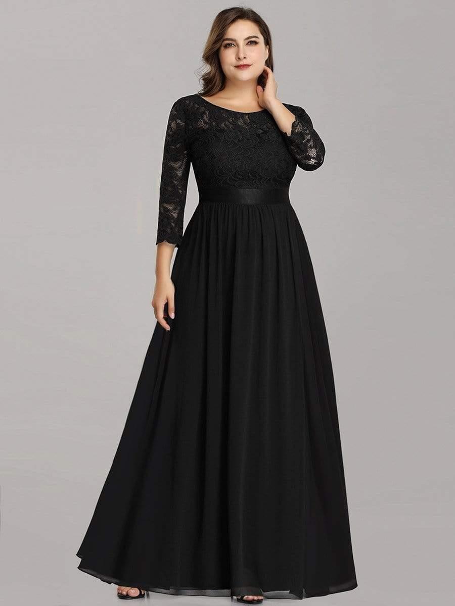 Simple Plus Size Lace Evening Dress with Half Sleeves #color_Black 