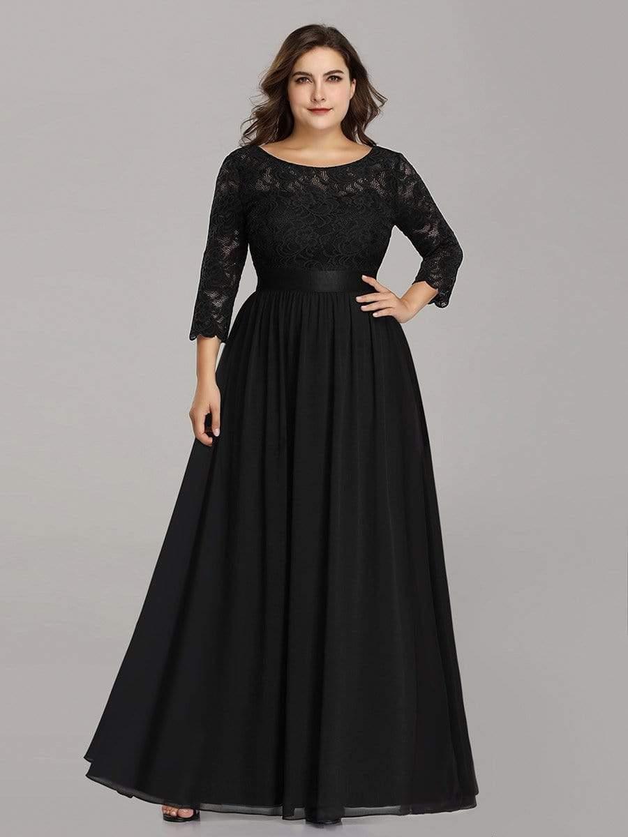 Simple Plus Size Lace Evening Dress with Half Sleeves #color_Black 