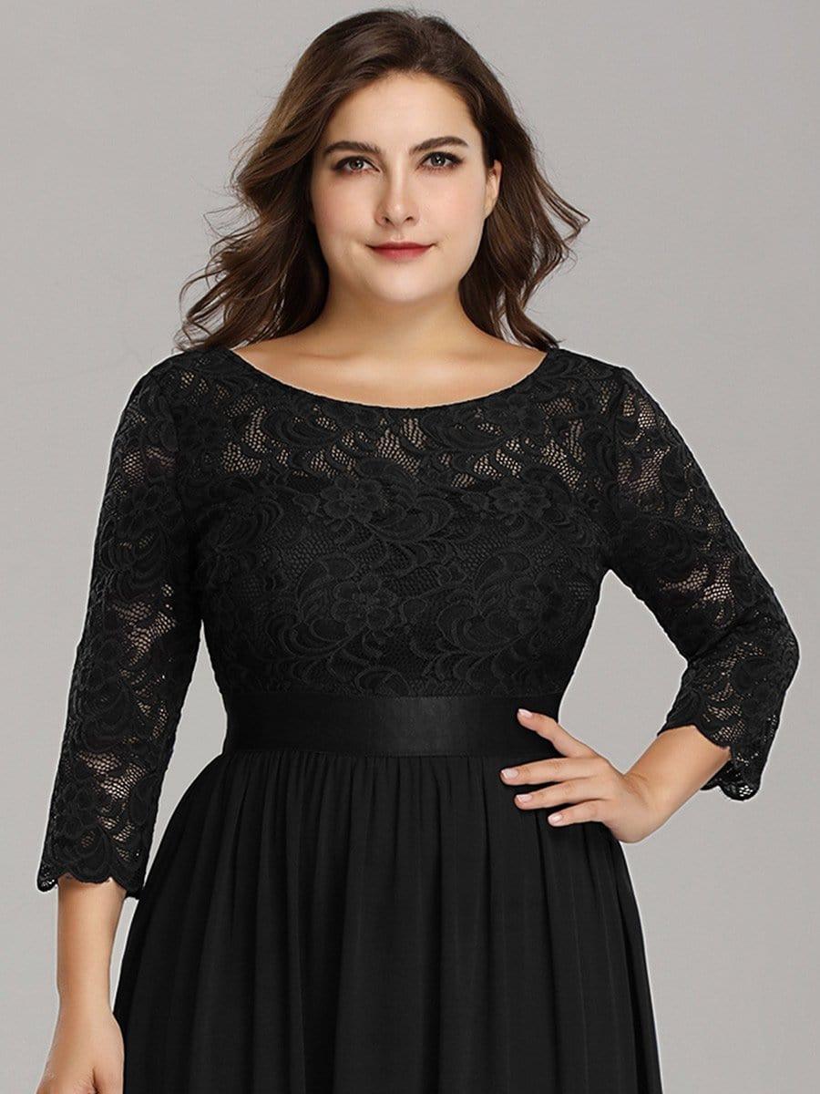 See-Through Floor Length Lace Chiffon Evening Dress with Half Sleeve #color_Black