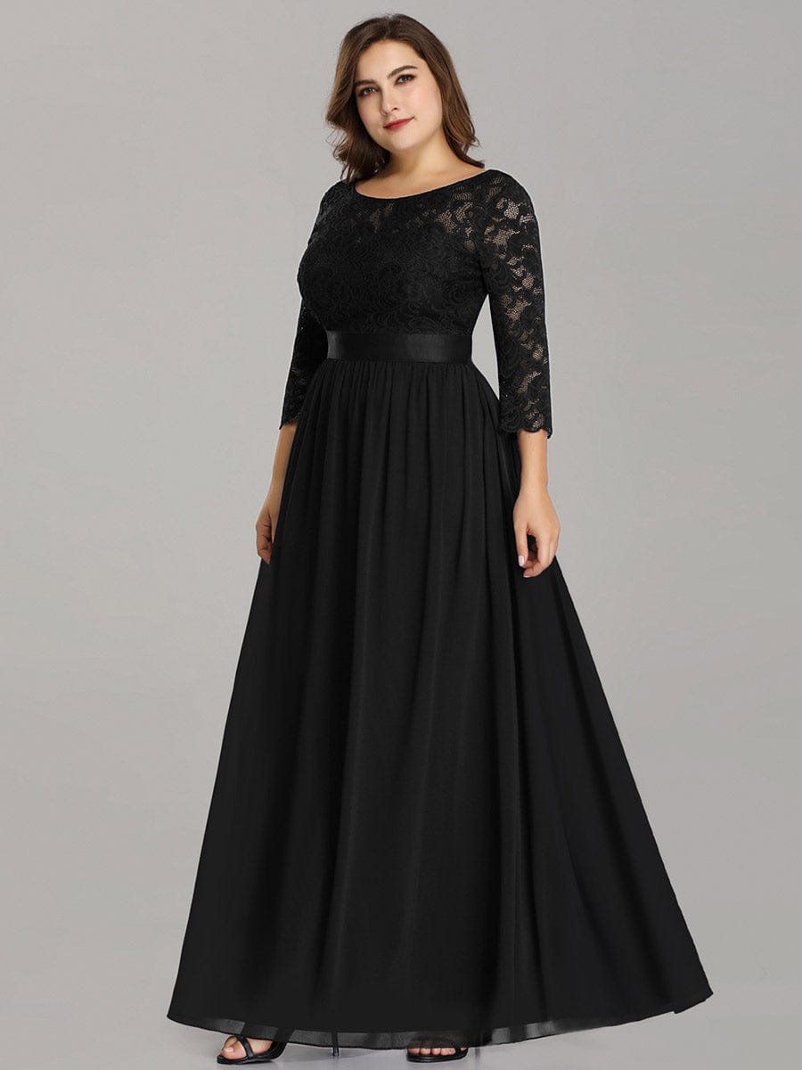 Custom Size See-Through Maxi Lace Evening Dress with Half Sleeve #color_Black