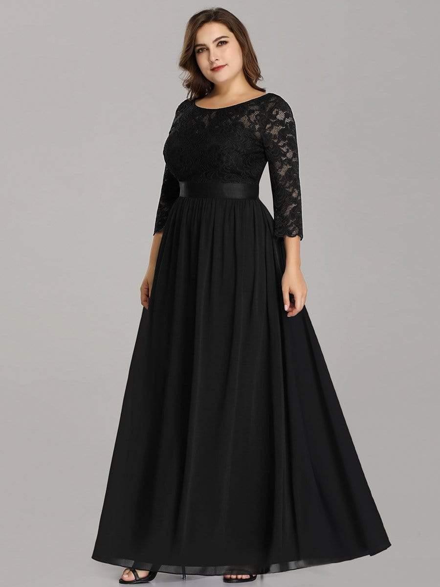 See-Through Floor Length Lace Chiffon Evening Dress with Half Sleeve #color_Black