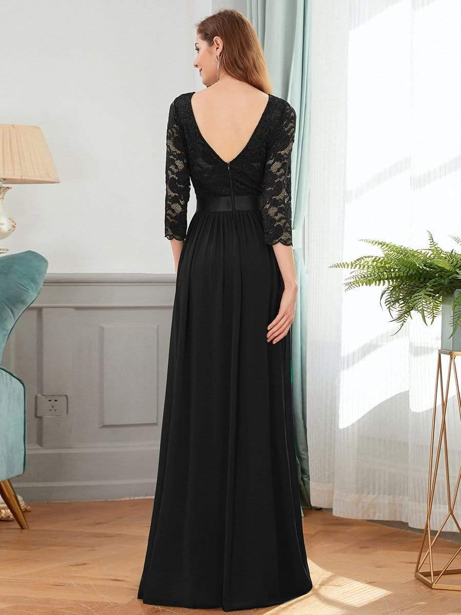 See-Through Floor Length Lace Chiffon Evening Dress with Half Sleeve #color_Black