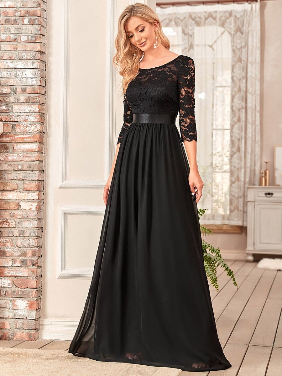 See-Through Floor Length Lace Evening Dress with Half Sleeve #color_Black 