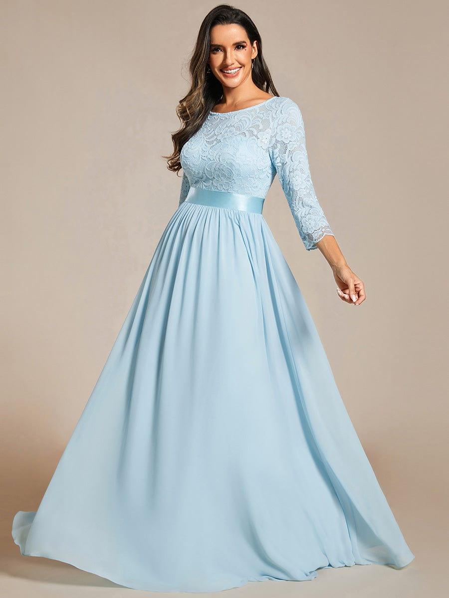 See-Through Floor Length Lace Chiffon Evening Dress with Half Sleeve #color_Sky Blue