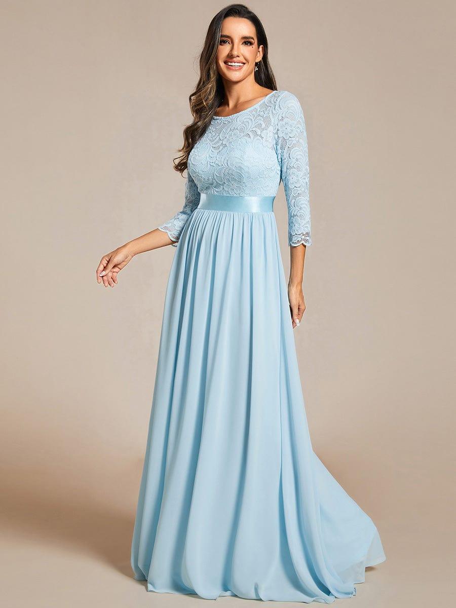 See-Through Floor Length Lace Chiffon Evening Dress with Half Sleeve #color_Sky Blue