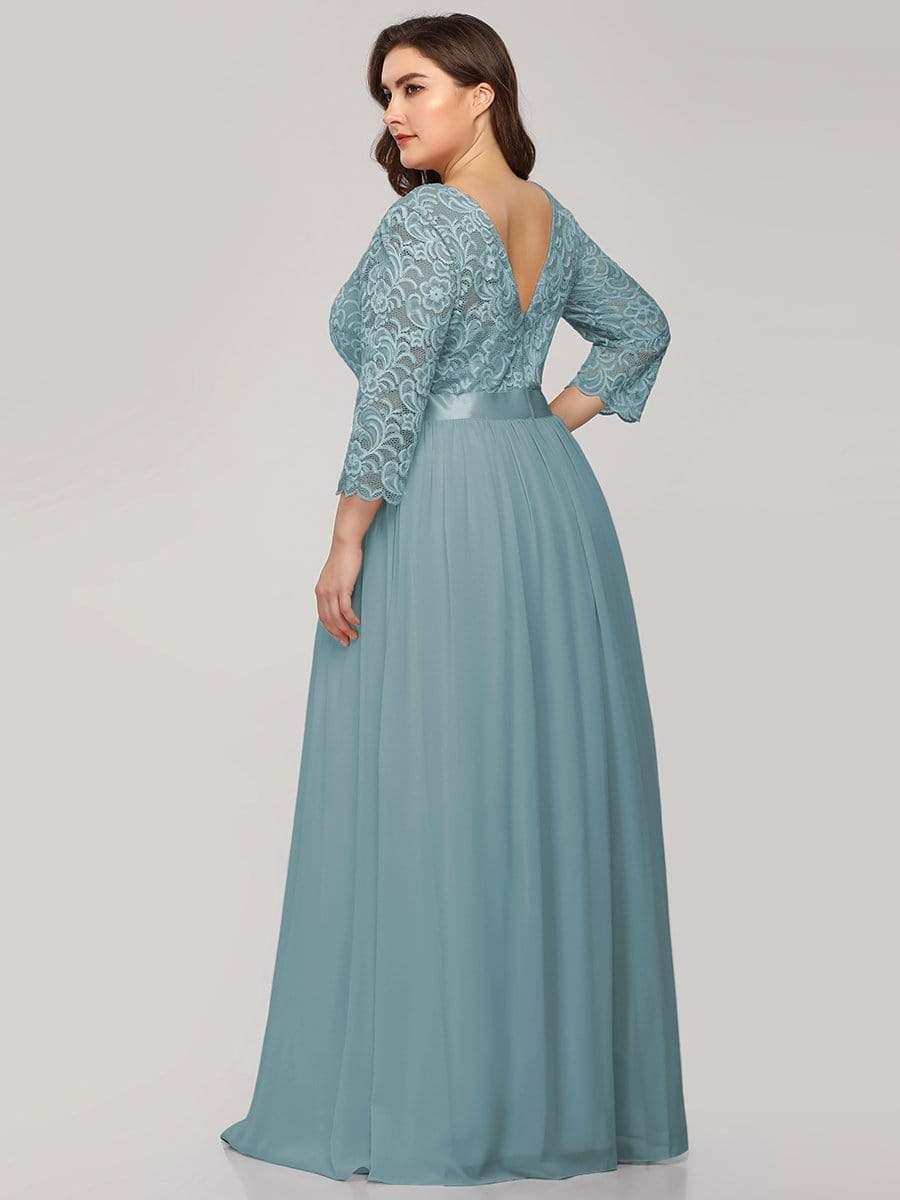 See-Through Floor Length Lace Chiffon Evening Dress with Half Sleeve #color_Light Teal 