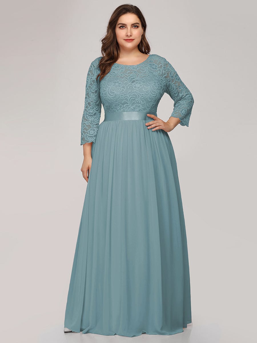 Custom Size See-Through Maxi Lace Evening Dress with Half Sleeve #color_Dusty Blue