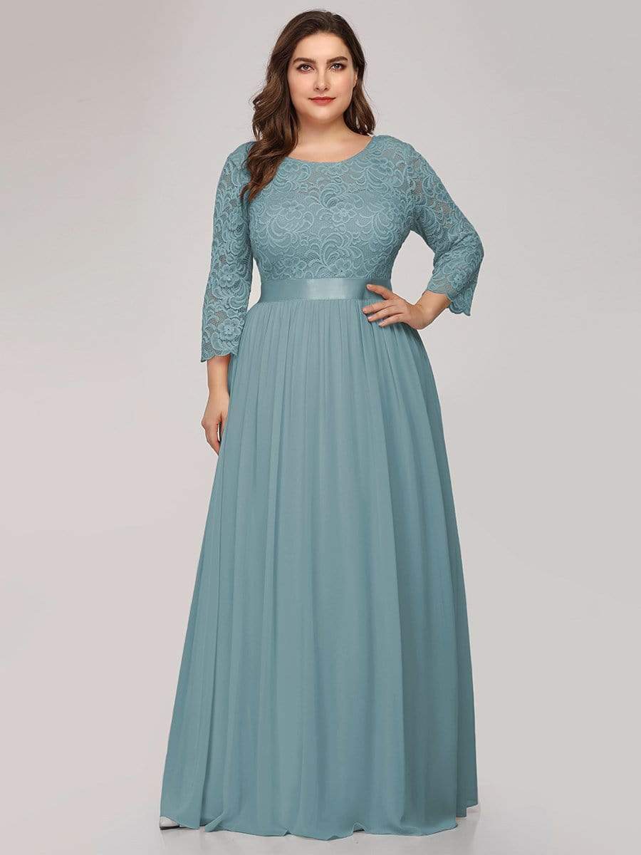 Plus Size Long Lace Sleeve Formal Evening Gowns #color_Dusty Blue 
