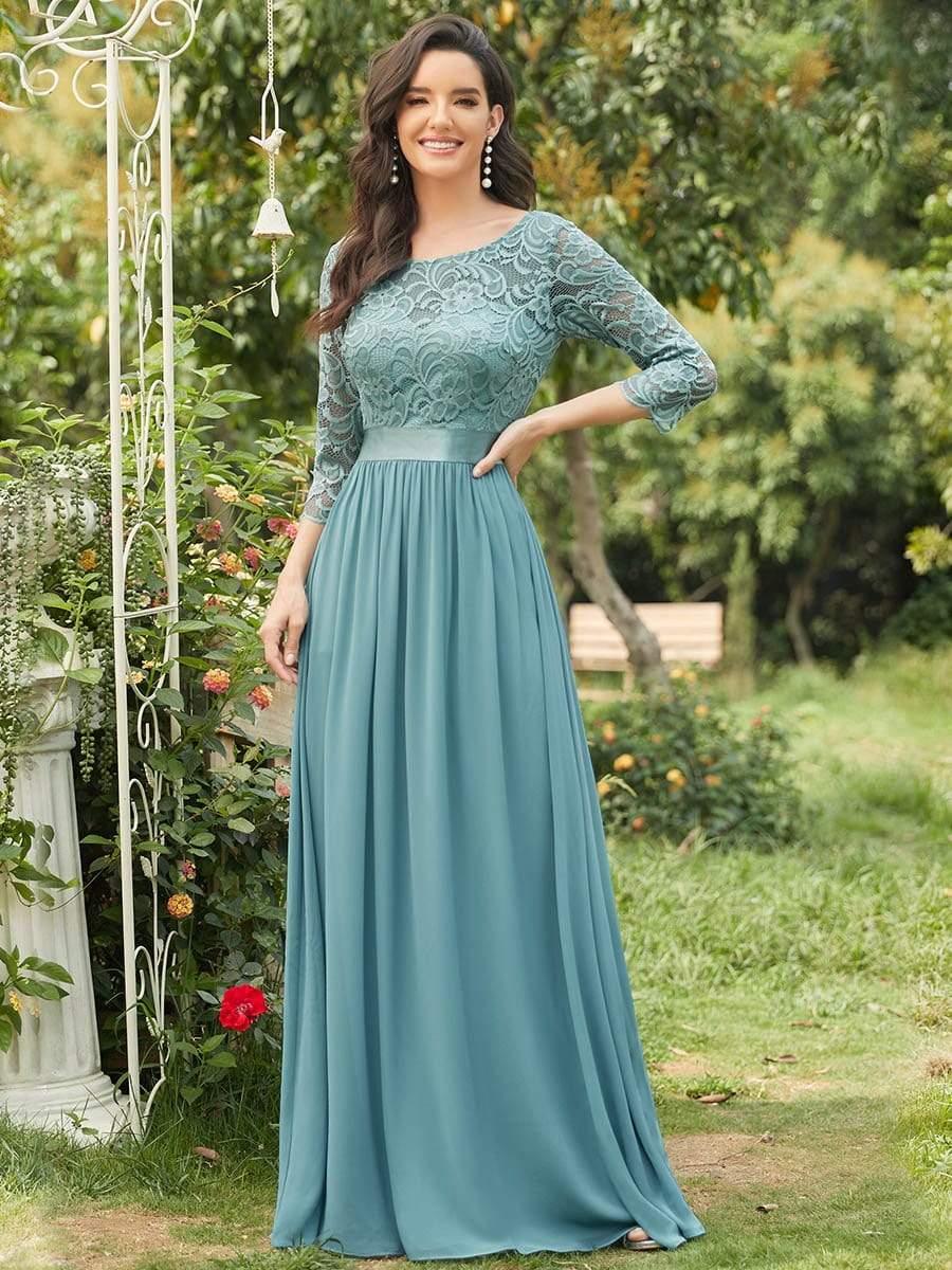 See-Through Floor Length Lace Chiffon Evening Dress with Half Sleeve #color_Light Teal