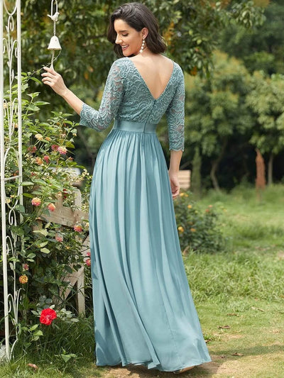 See-Through Floor Length Lace Chiffon Evening Dress with Half Sleeve #color_Light Teal