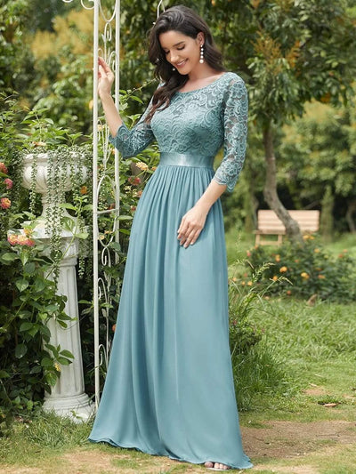 See-Through Floor Length Lace Chiffon Evening Dress with Half Sleeve #color_Light Teal