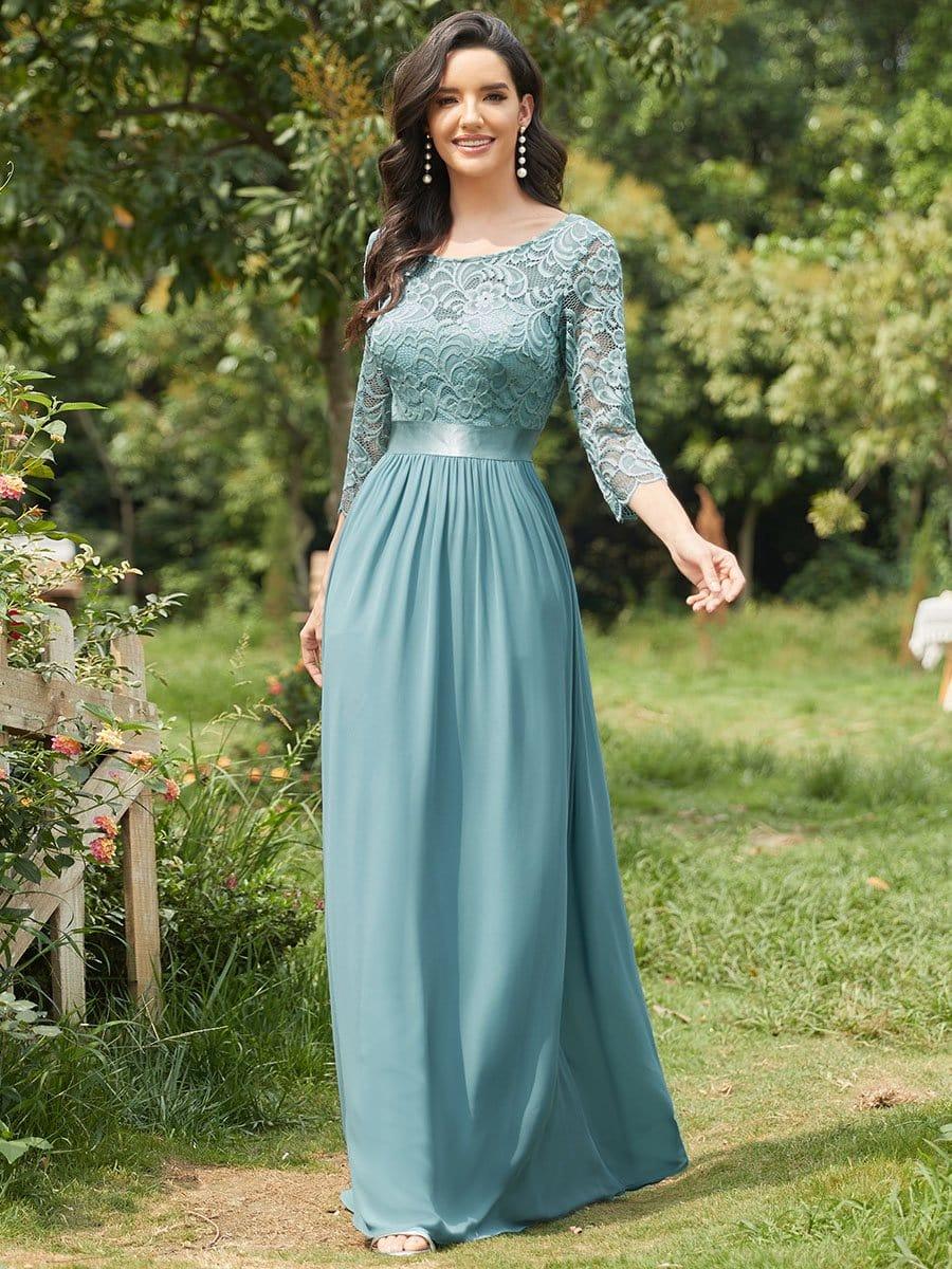 See-Through Floor Length Lace Chiffon Evening Dress with Half Sleeve #color_Light Teal