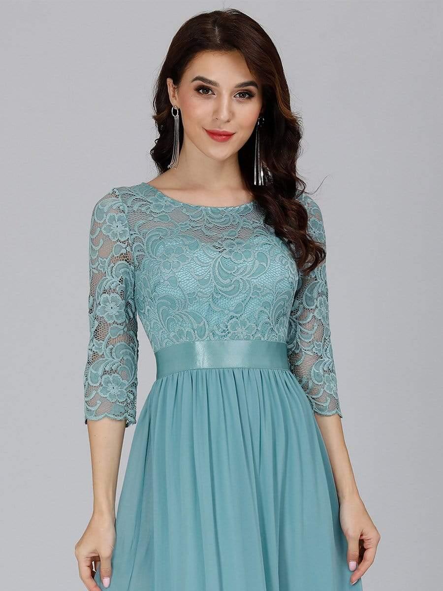 See-Through Floor Length Lace Chiffon Evening Dress with Half Sleeve #color_Light Teal 
