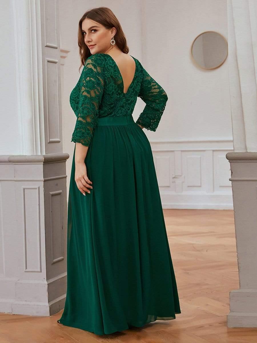 See-Through Floor Length Lace Chiffon Evening Dress with Half Sleeve #color_Dark Green 