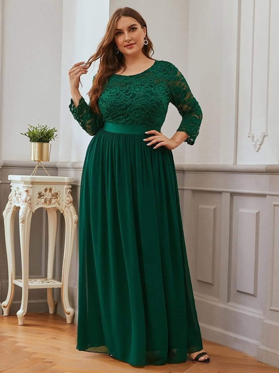 See-Through Floor Length Lace Chiffon Evening Dress with Half Sleeve #color_Dark Green 
