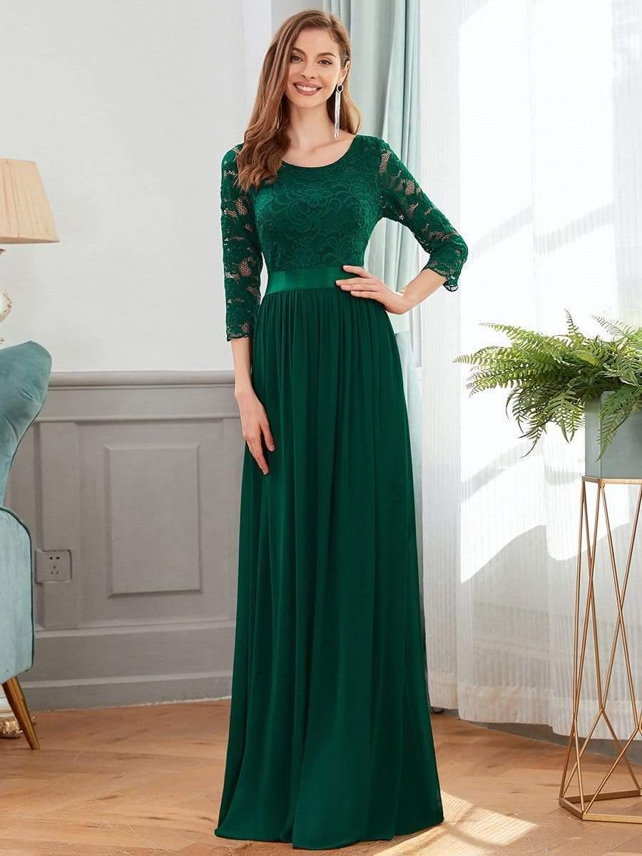 See-Through Floor Length Lace Chiffon Evening Dress with Half Sleeve #color_Dark Green 