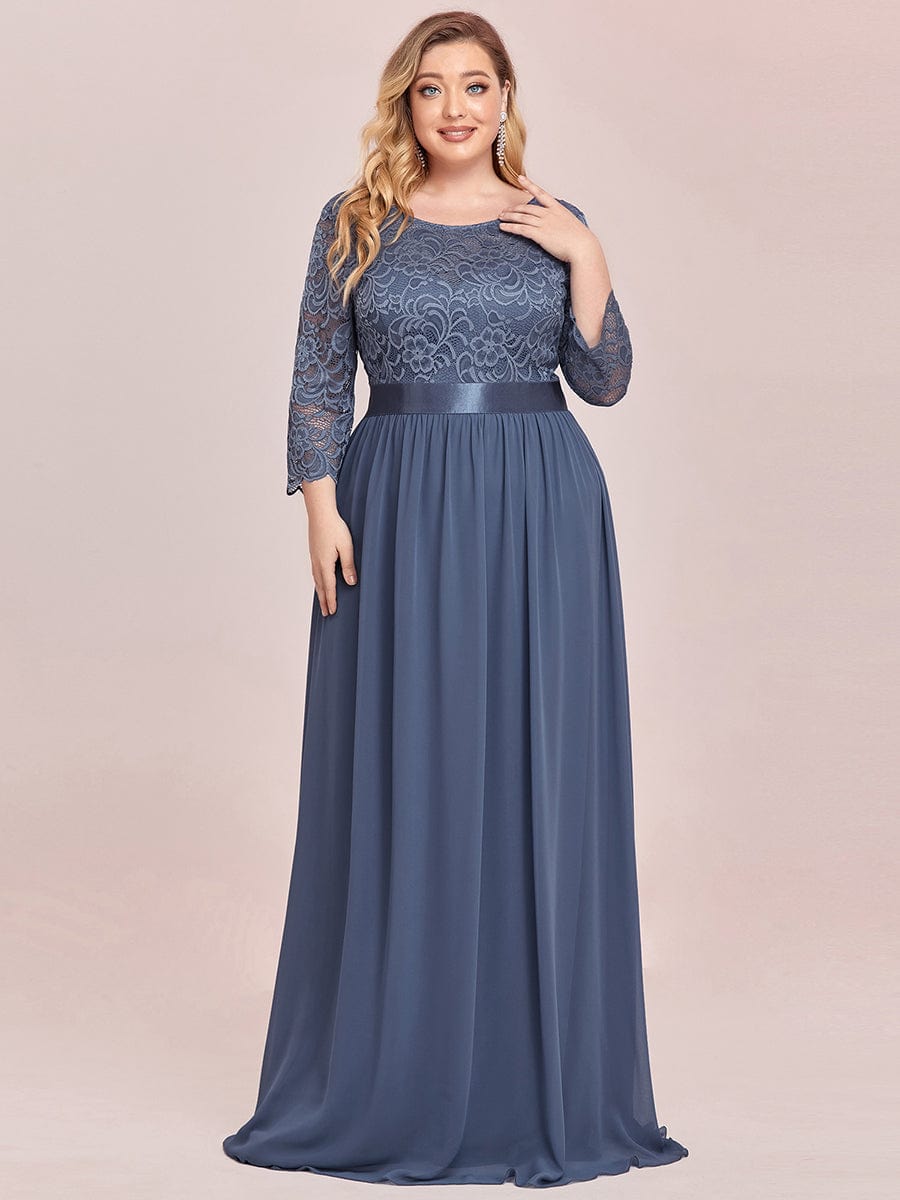 Custom Size See-Through Maxi Lace Evening Dress with Half Sleeve #color_Dusty Navy