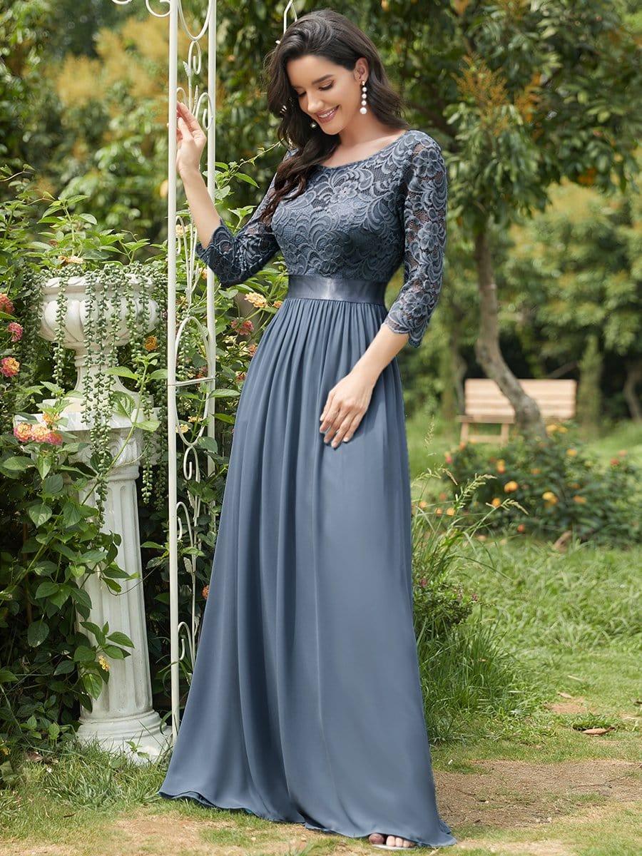 See-Through Floor Length Lace Chiffon Evening Dress with Half Sleeve #color_Dusty Blue