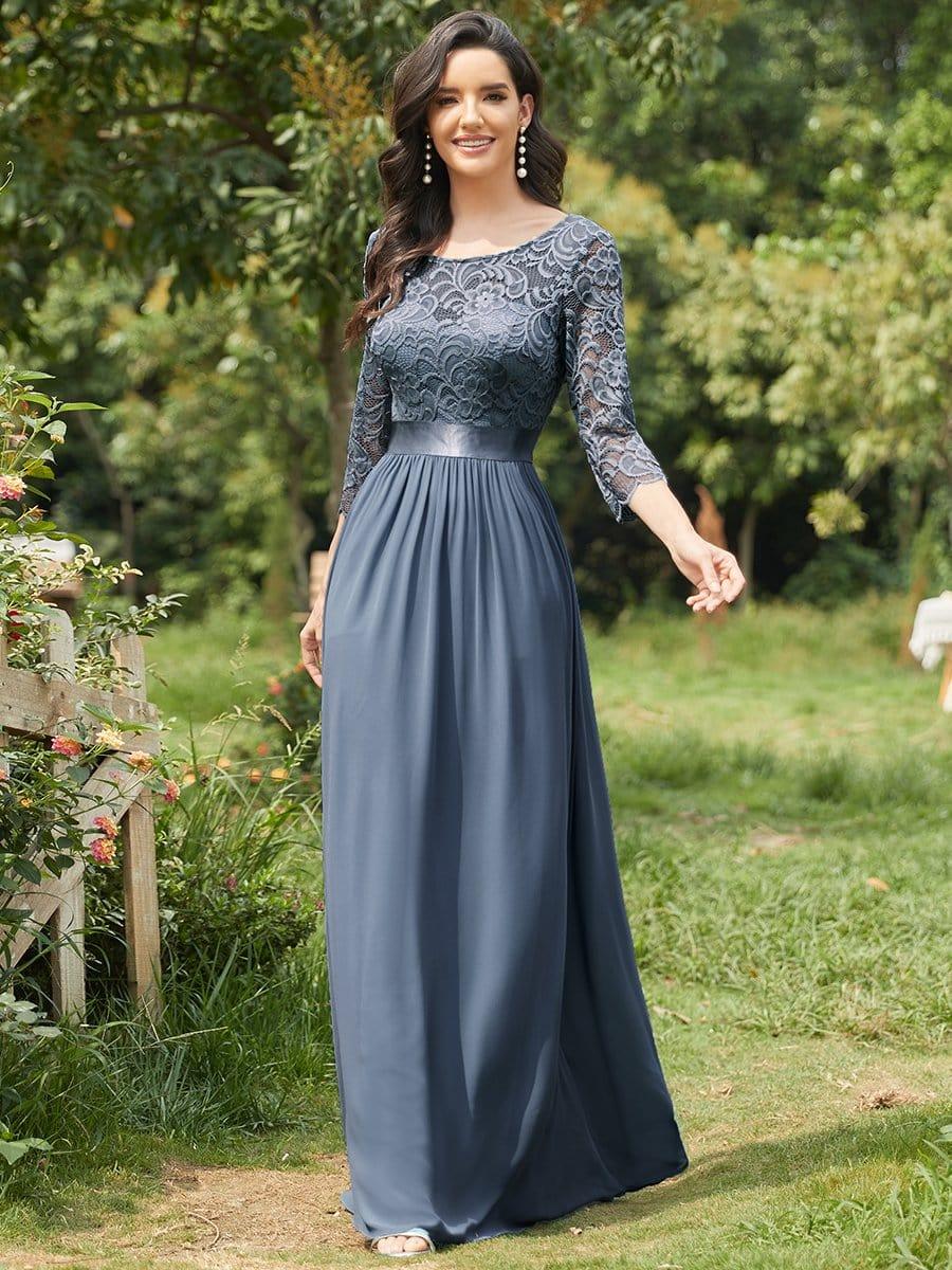 See-Through Floor Length Lace Chiffon Evening Dress with Half Sleeve #color_Dusty Blue