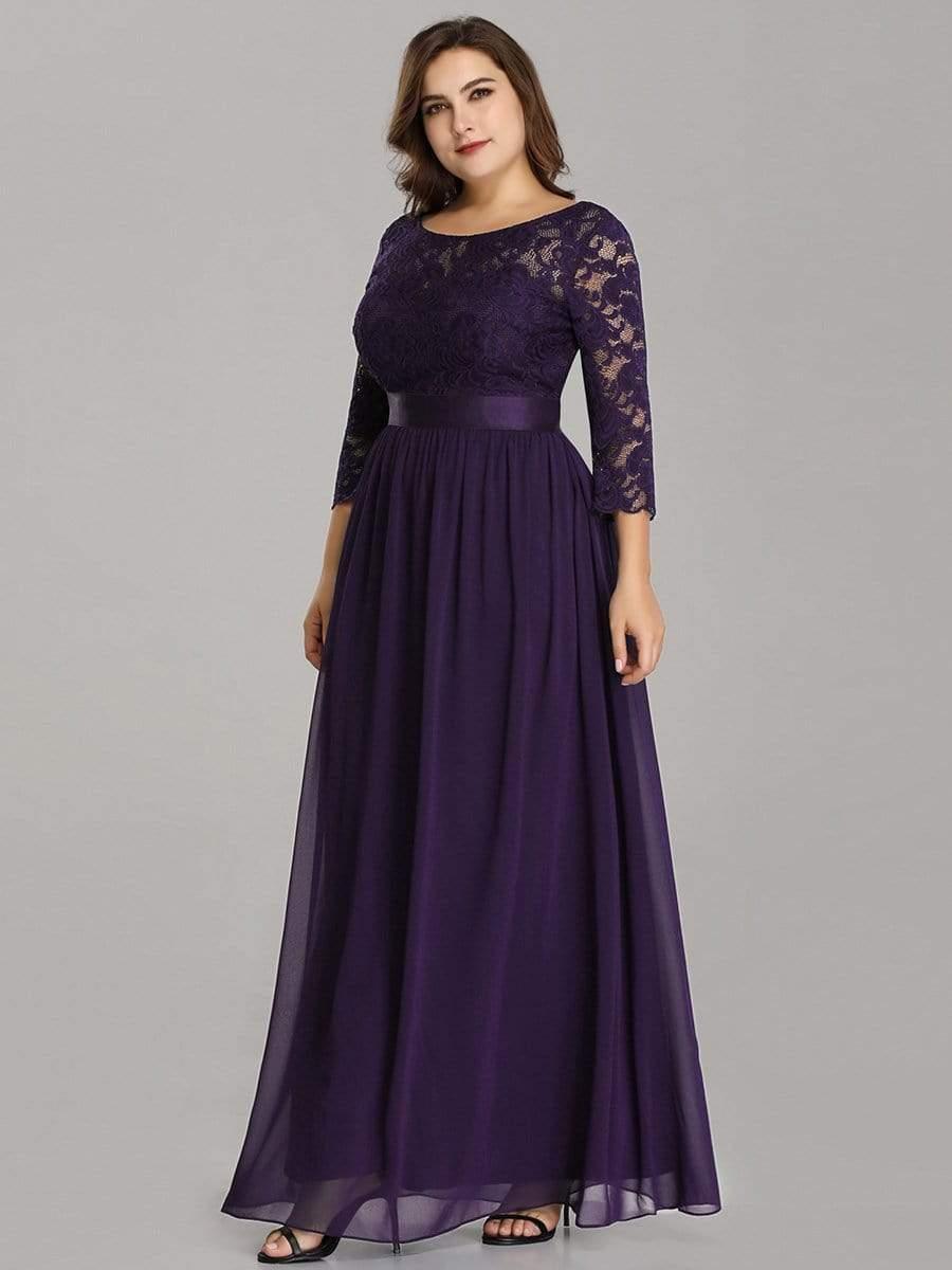 See-Through Floor Length Lace Chiffon Evening Dress with Half Sleeve #color_Dark Purple 