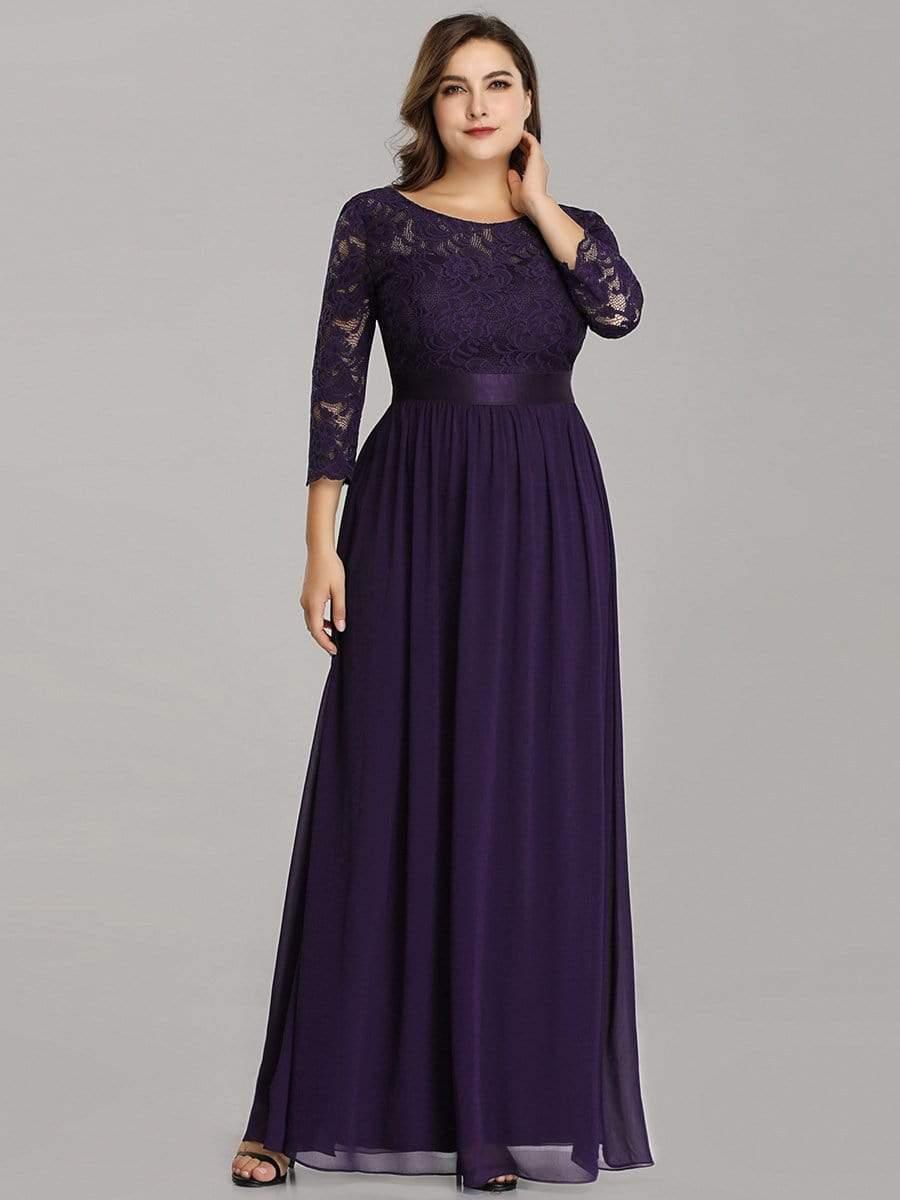 See-Through Floor Length Lace Chiffon Evening Dress with Half Sleeve #color_Dark Purple 