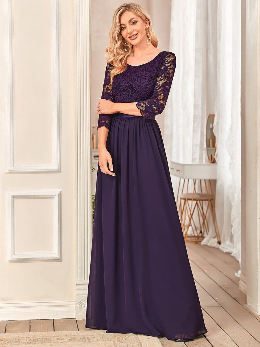 See-Through Floor Length Lace Chiffon Evening Dress with Half Sleeve #color_Dark Purple 