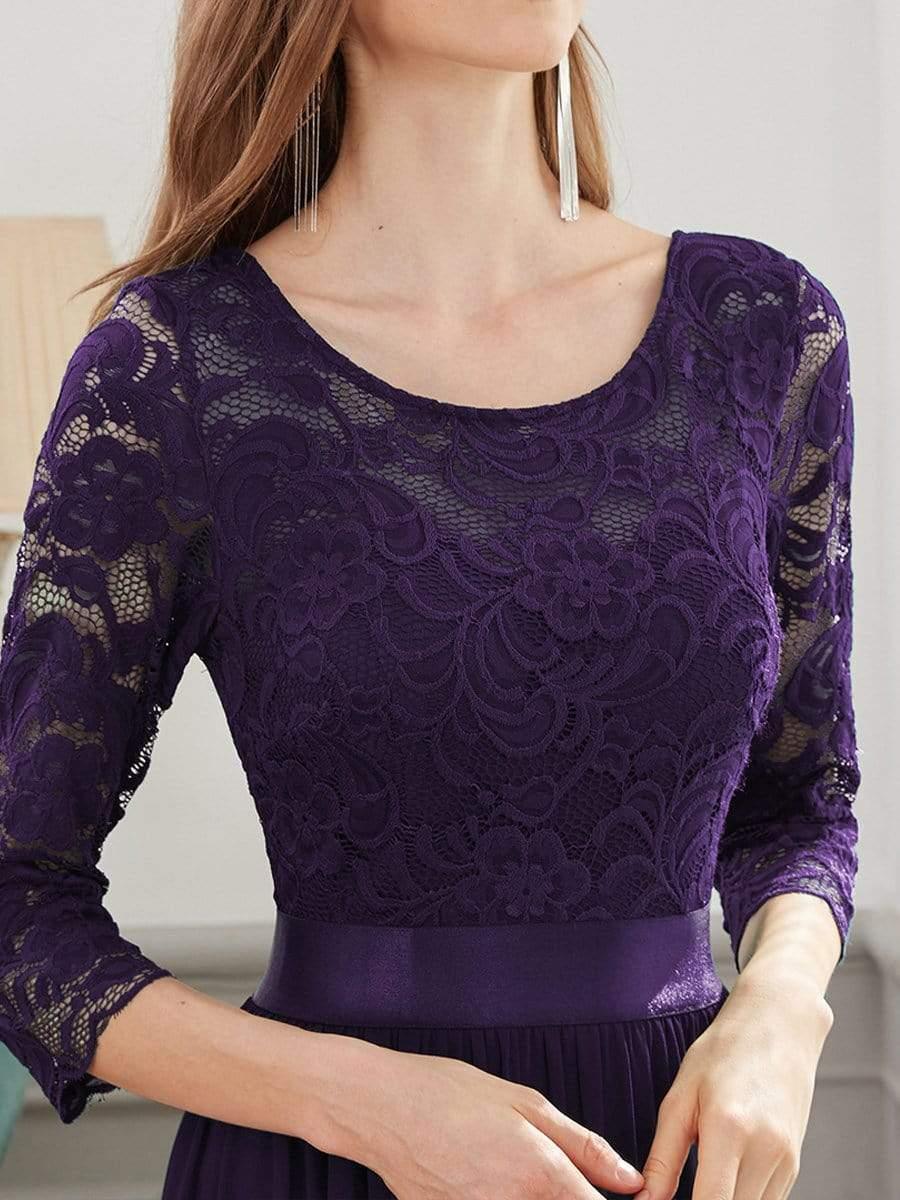 See-Through Floor Length Lace Chiffon Evening Dress with Half Sleeve #color_Dark Purple 
