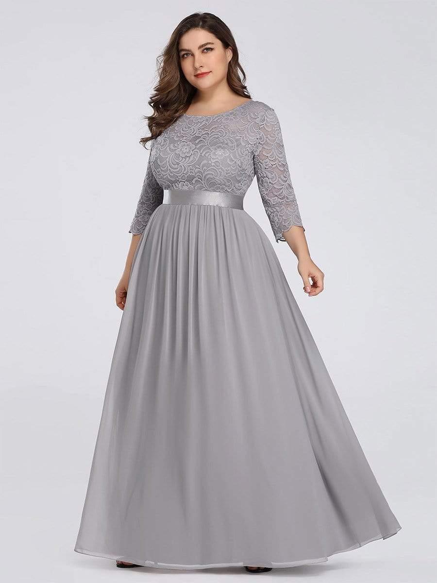Simple Plus Size Lace Evening Dress with Half Sleeves #color_Grey 