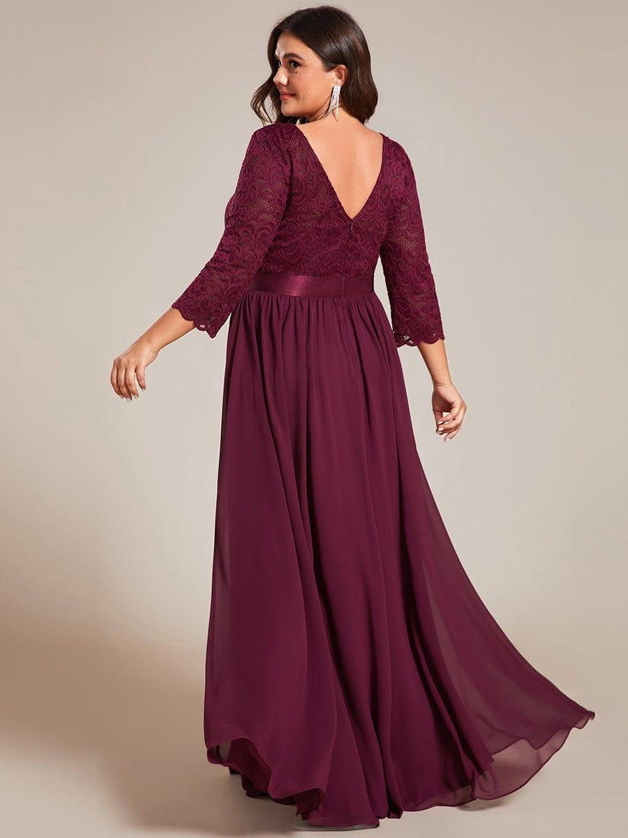See-Through Floor Length Lace Chiffon Evening Dress with Half Sleeve #color_Mulberry
