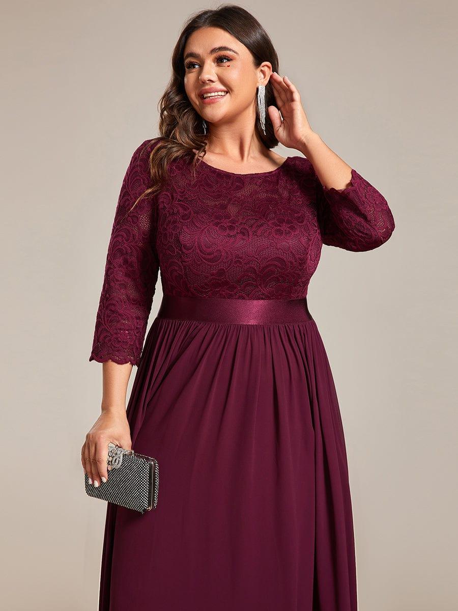 See-Through Floor Length Lace Chiffon Evening Dress with Half Sleeve #color_Mulberry