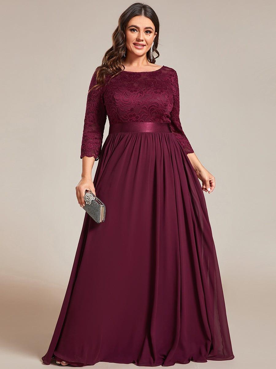 See-Through Floor Length Lace Chiffon Evening Dress with Half Sleeve #color_Mulberry