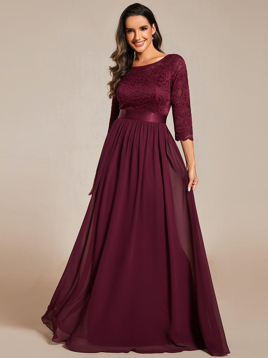 See-Through Floor Length Lace Chiffon Evening Dress with Half Sleeve #color_Mulberry