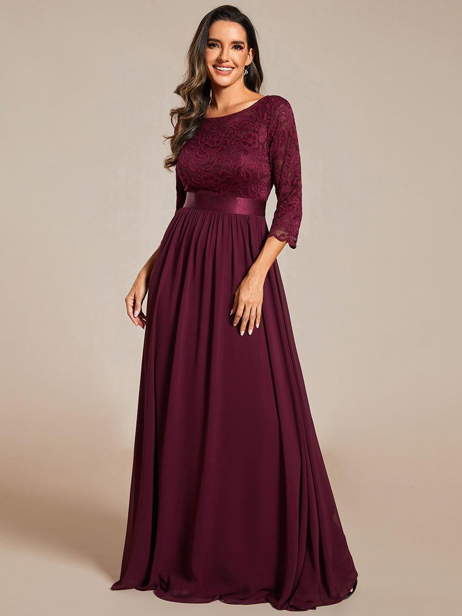 See-Through Floor Length Lace Chiffon Evening Dress with Half Sleeve #color_Mulberry