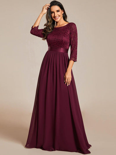 See-Through Floor Length Lace Chiffon Evening Dress with Half Sleeve #color_Mulberry