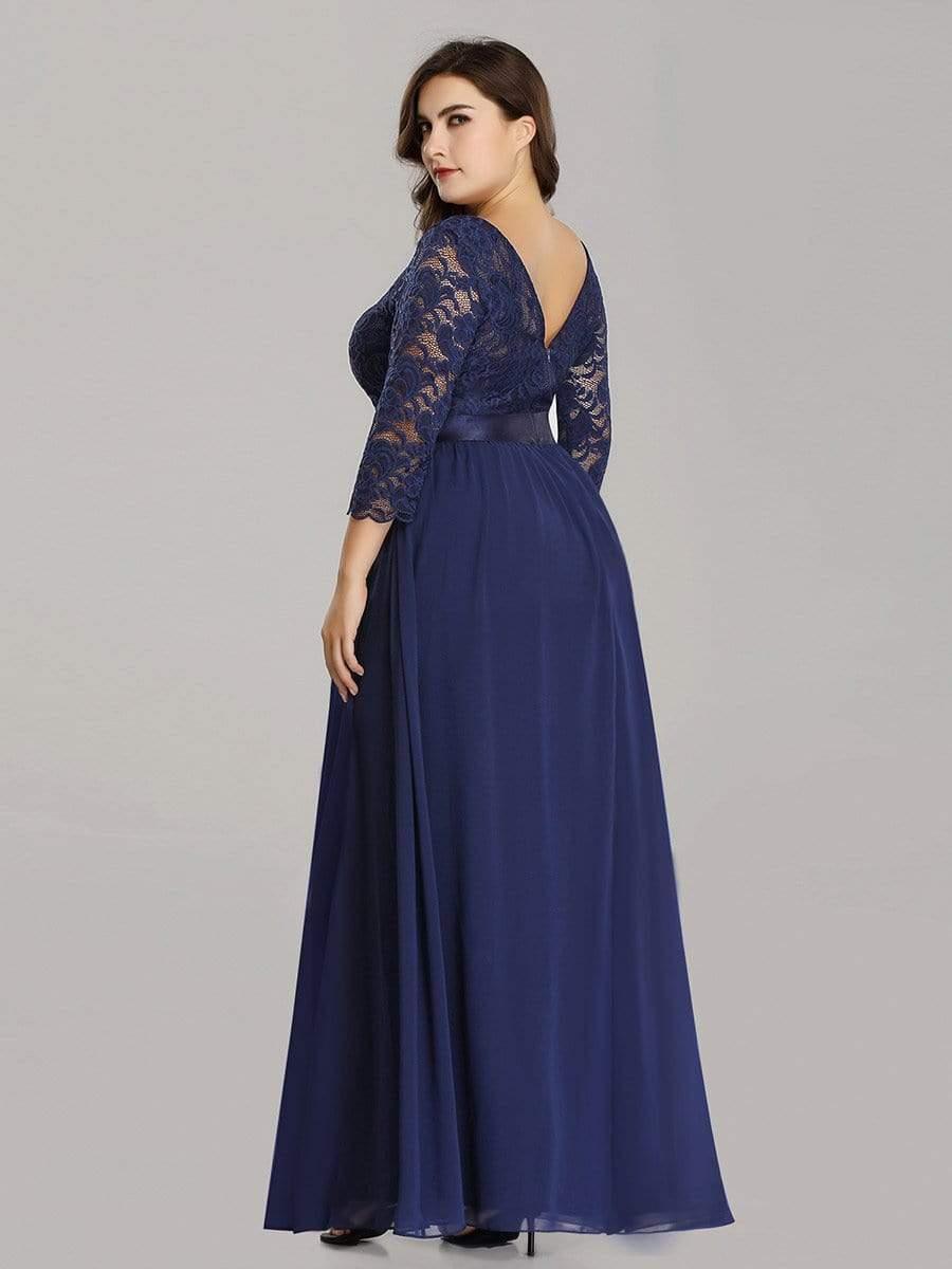 See-Through Floor Length Lace Chiffon Evening Dress with Half Sleeve #color_Navy Blue