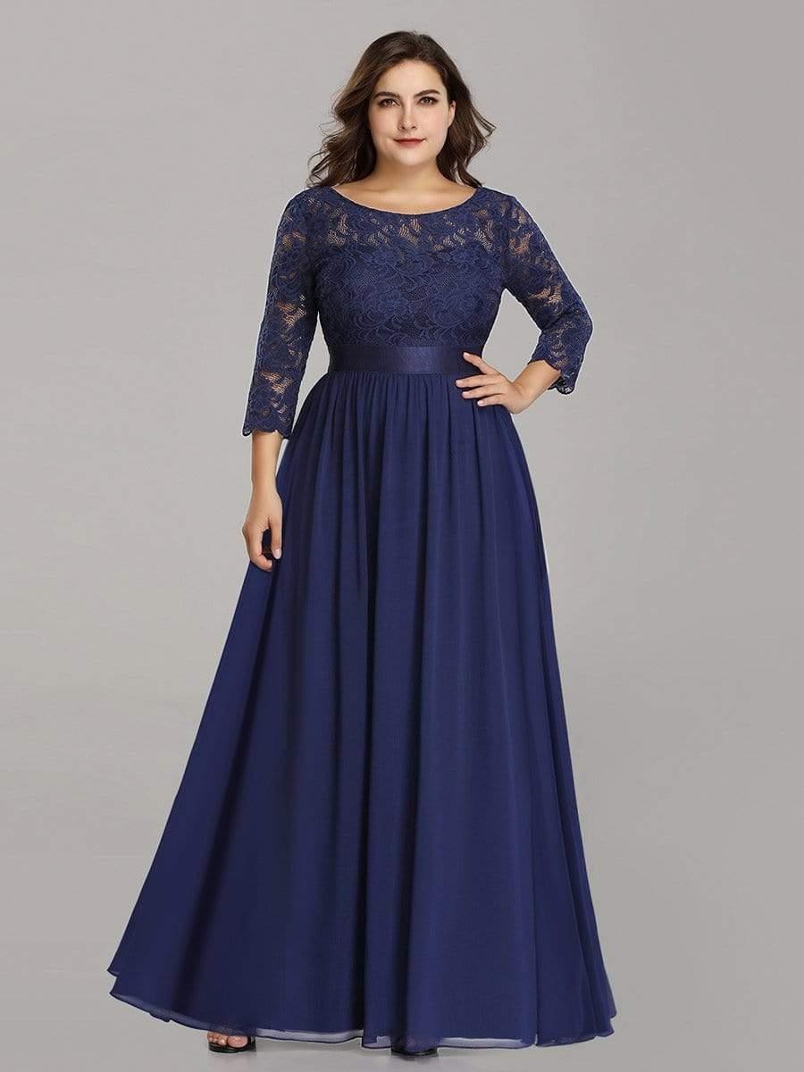 Simple Plus Size Lace Evening Dress with Half Sleeves #color_Navy Blue 