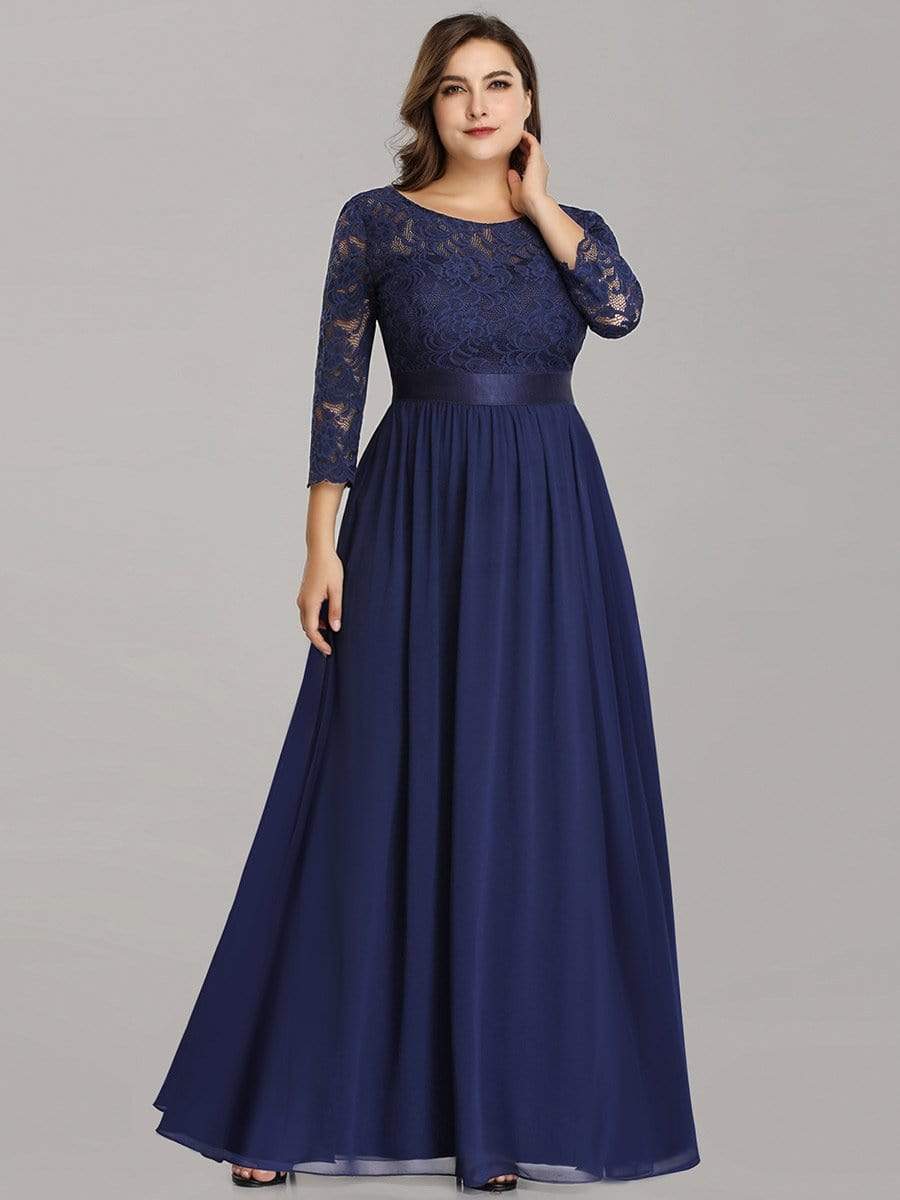 Plus Size Long Lace Sleeve Formal Evening Gowns #color_Navy Blue 