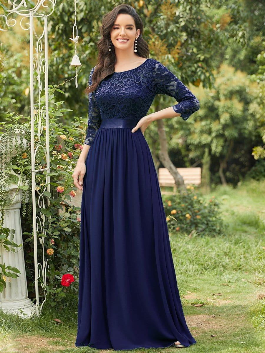 See-Through Floor Length Lace Chiffon Evening Dress with Half Sleeve #color_Navy Blue