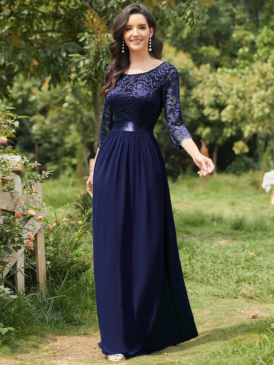 See-Through Floor Length Lace Chiffon Evening Dress with Half Sleeve #color_Navy Blue